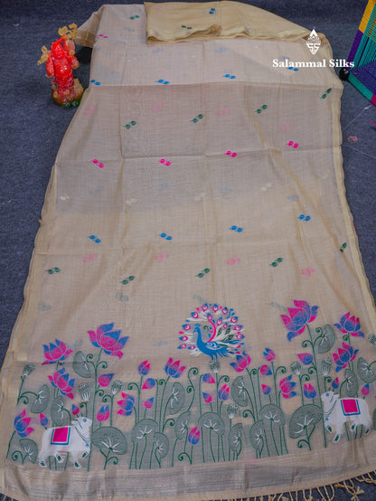 Beautiful Cream Sandal Menakari Work Muga Cotton Saree With Small Ribbon Border