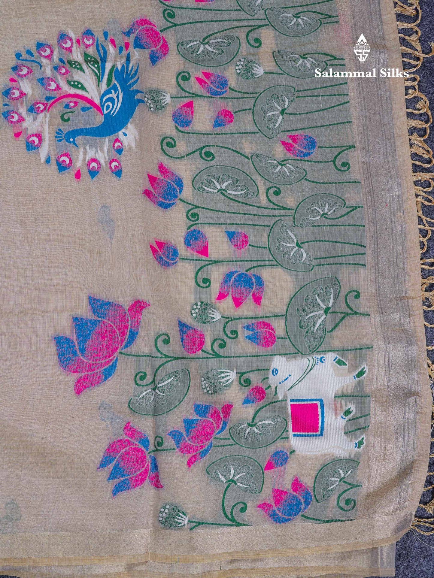 Beautiful Cream Sandal Menakari Work Muga Cotton Saree With Small Ribbon Border