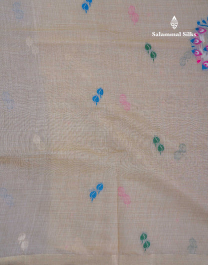 Beautiful Cream Sandal Menakari Work Muga Cotton Saree With Small Ribbon Border