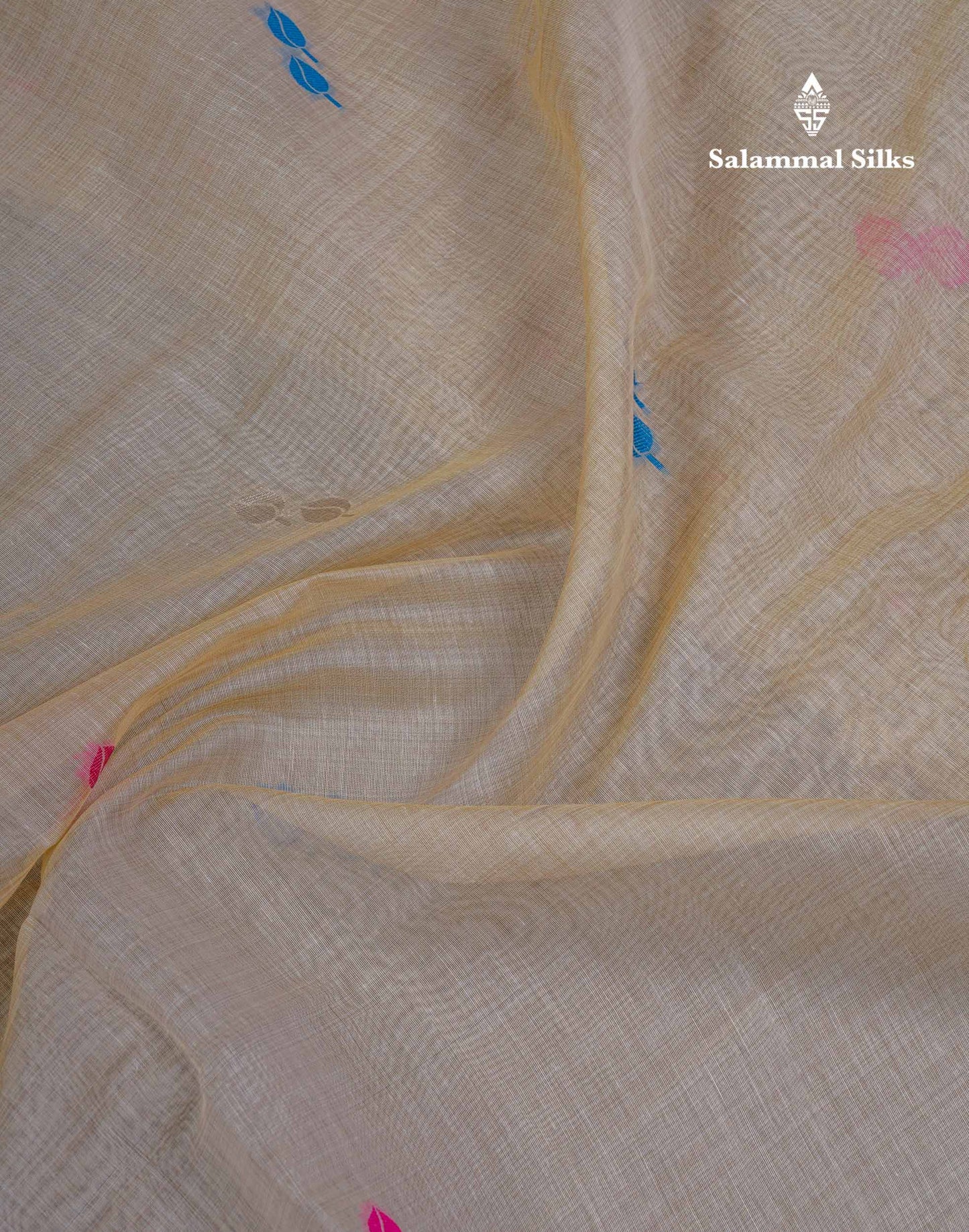 Beautiful Cream Sandal Menakari Work Muga Cotton Saree With Small Ribbon Border