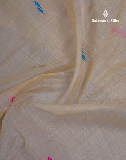 Beautiful Cream Sandal Menakari Work Muga Cotton Saree With Small Ribbon Border