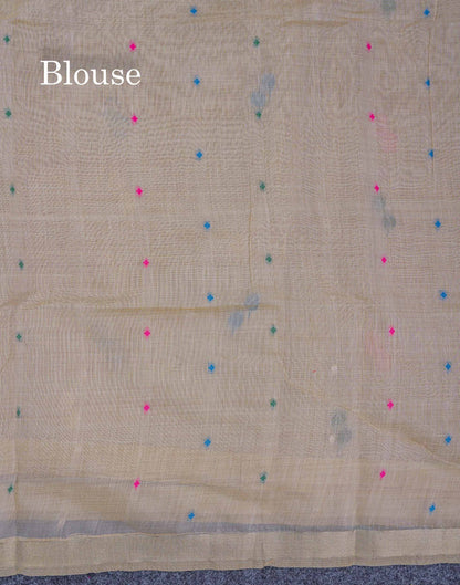 Beautiful Cream Sandal Menakari Work Muga Cotton Saree With Small Ribbon Border
