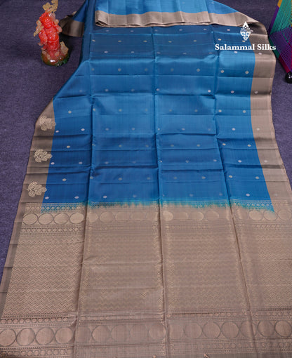 Beautiful Dual Tone Peacock Blue PureMix Kanjivaram Soft Silk Saree With Contrast Light Violet Blouse