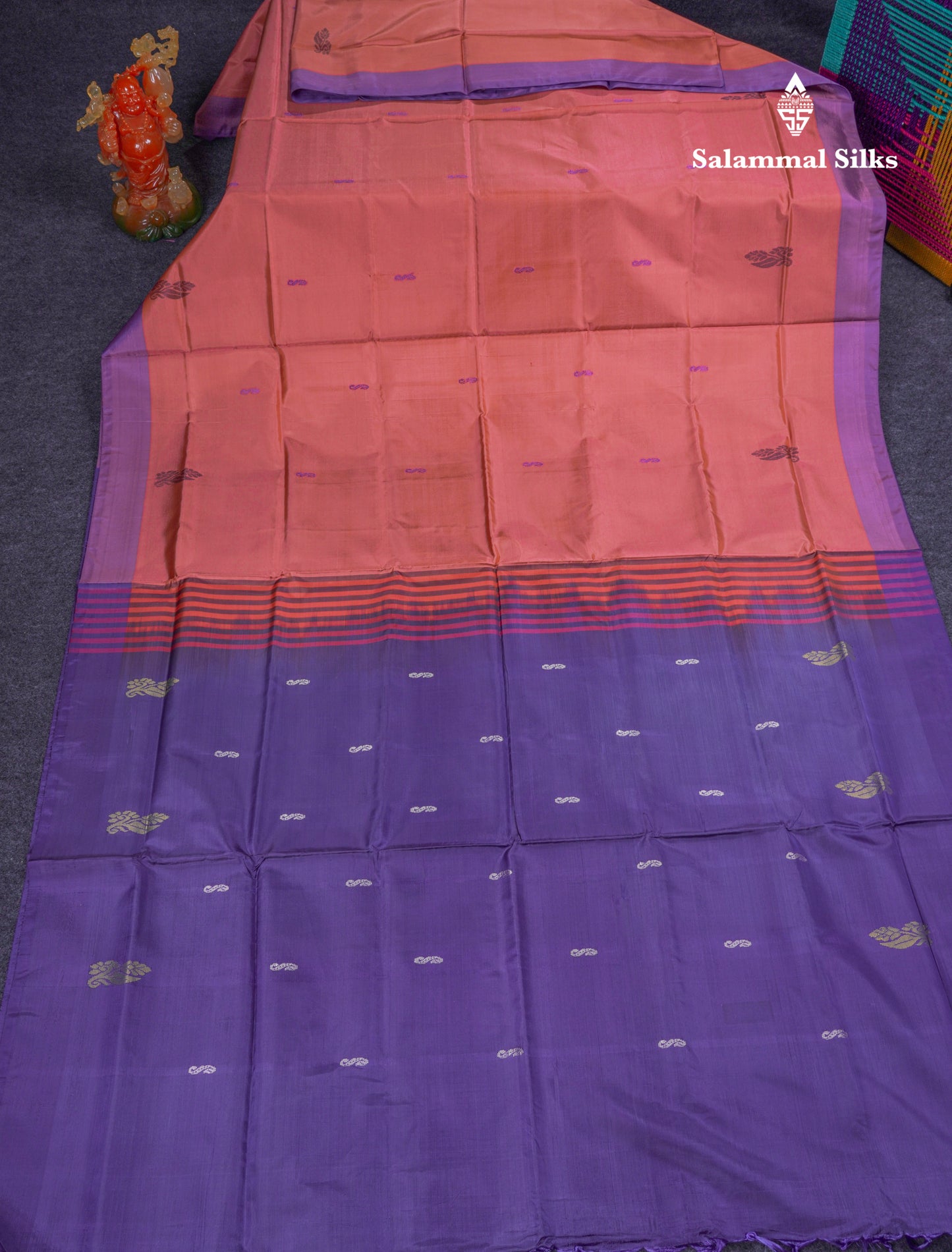 Dark Peach Thread work Buttas Banana Pinth Saree (Vaazhainaar Pattu) With Contrast Navy Blue Blouse