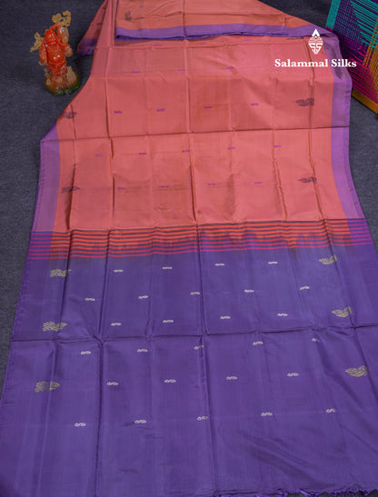 Dark Peach Thread work Buttas Banana Pinth Saree (Vaazhainaar Pattu) With Contrast Navy Blue Blouse