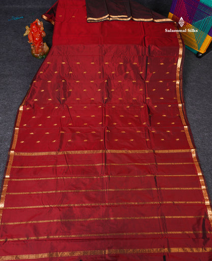 Semi Silk Saree - Dark Maroon Colour Body Zari Butta With Traditional Small Border