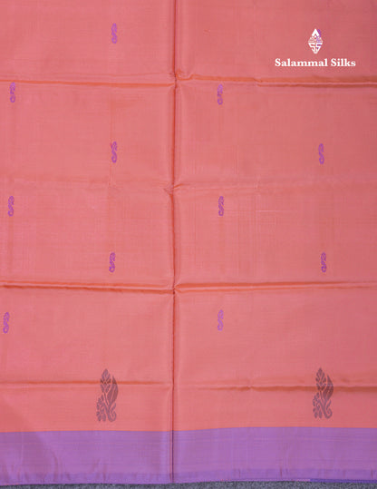 Dark Peach Thread work Buttas Banana Pinth Saree (Vaazhainaar Pattu) With Contrast Navy Blue Blouse