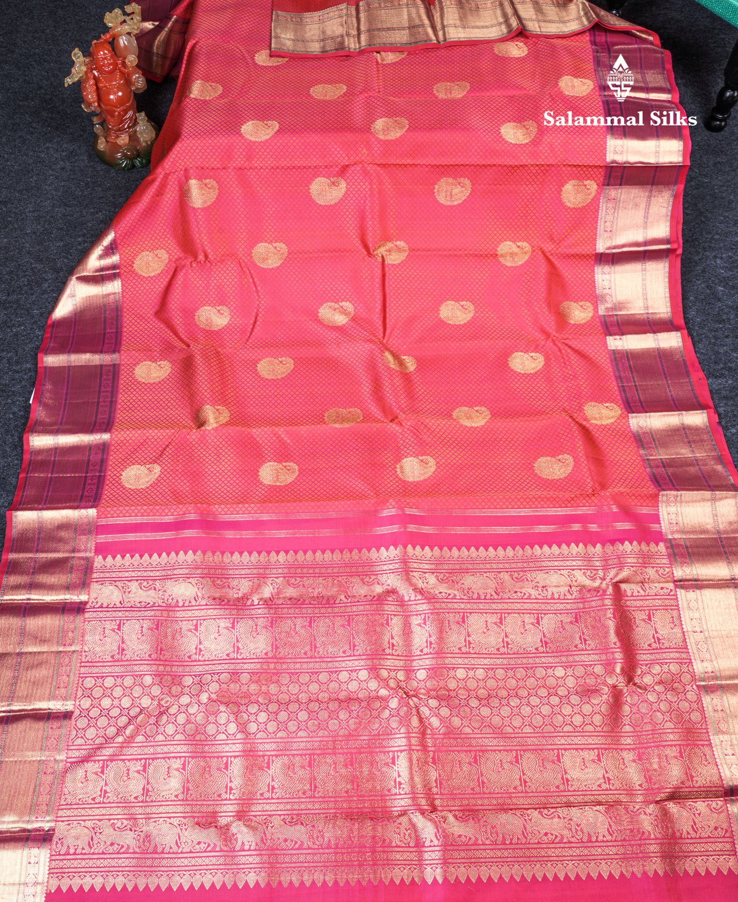 Reddish Pink Beautiful Emboss Design Bridal Pure Kanjivaram Silk Saree Pure Zari with Traditional Zari Butta Border