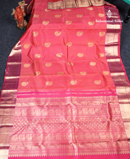 Reddish Pink Beautiful Emboss Design Bridal Pure Kanjivaram Silk Saree Pure Zari with Traditional Zari Butta Border