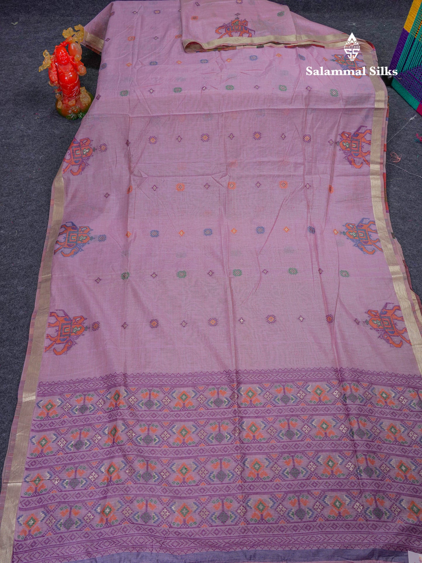 Beautiful Lavender Menakari Work Muga Cotton Saree With Contrast Magenta Blouse