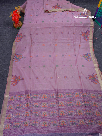 Beautiful Lavender Menakari Work Muga Cotton Saree With Contrast Magenta Blouse
