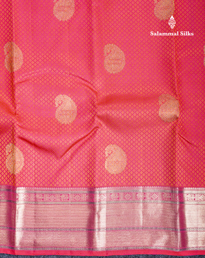 Reddish Pink Beautiful Emboss Design Bridal Pure Kanjivaram Silk Saree Pure Zari with Traditional Zari Butta Border