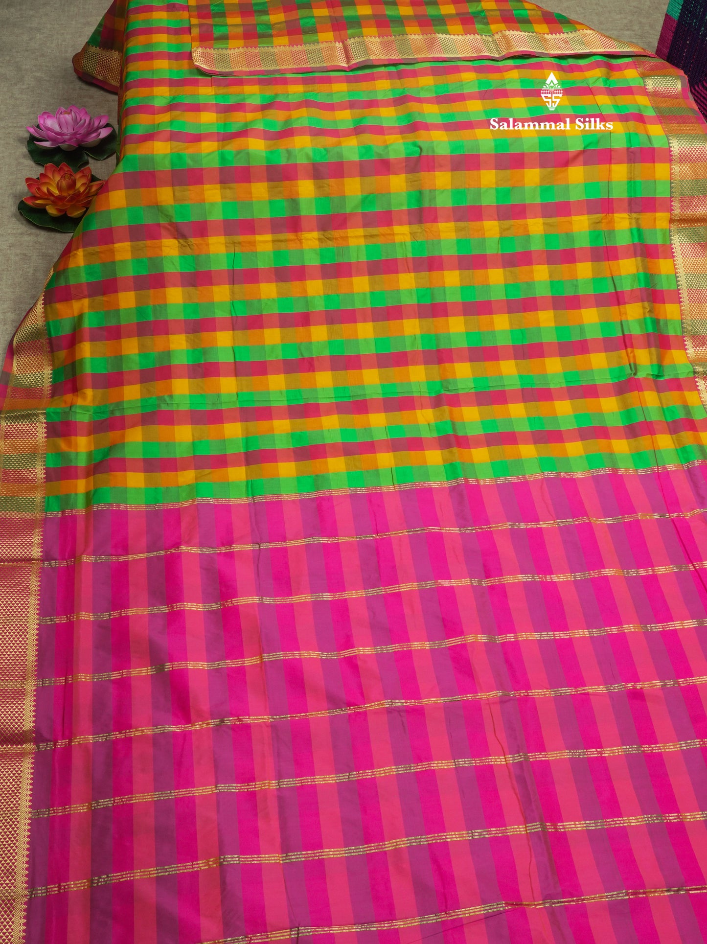 9.5 Yards Semi Silk Saree Multicolour Checks with Self Border