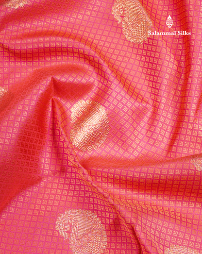 Reddish Pink Beautiful Emboss Design Bridal Pure Kanjivaram Silk Saree Pure Zari with Traditional Zari Butta Border