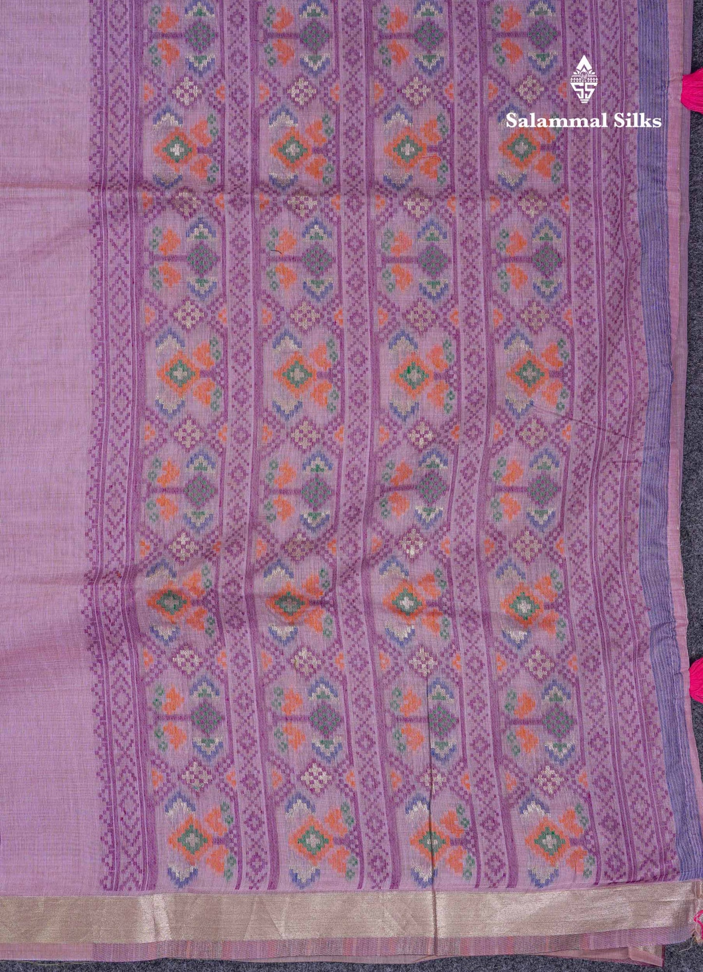 Beautiful Lavender Menakari Work Muga Cotton Saree With Contrast Magenta Blouse