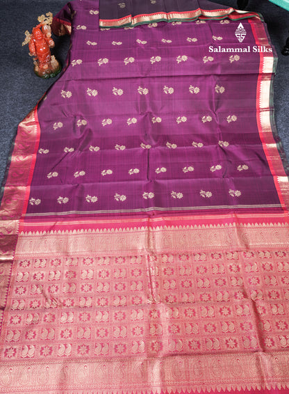 Dark Purple Flower Buttas Pure Kanjivaram Silk Saree Pure Zari with Magenta Border