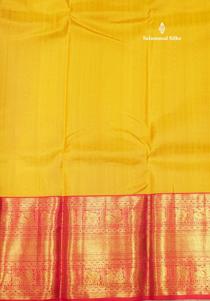 Korvai Yellow Pure Kanjivaram Silk Saree With Reddish Pink Border