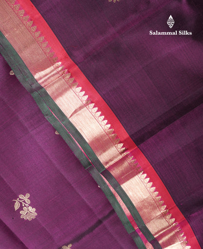 Dark Purple Flower Buttas Pure Kanjivaram Silk Saree Pure Zari with Magenta Border