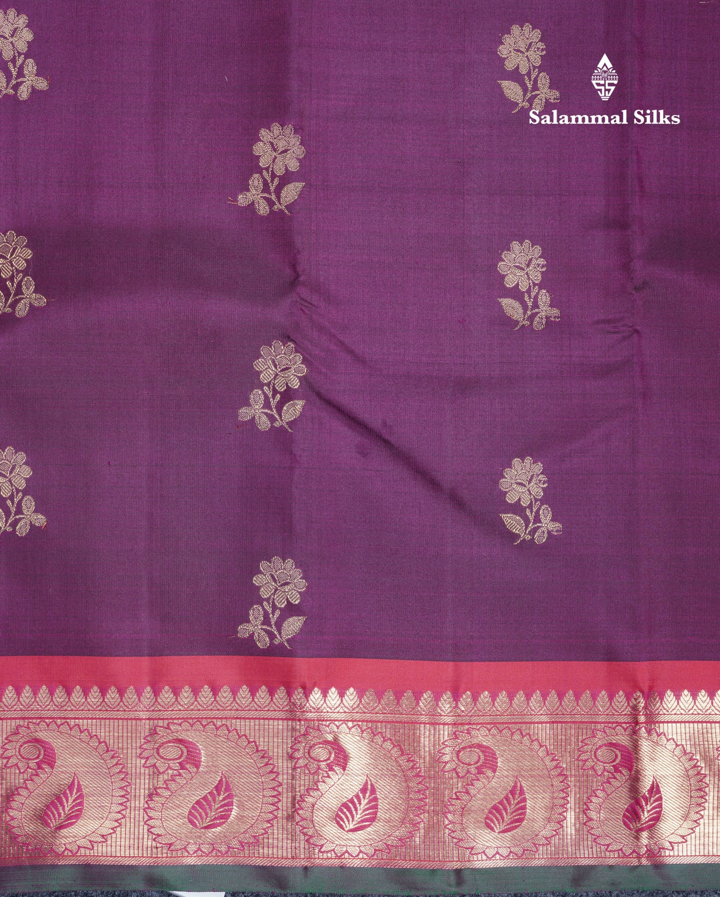 Dark Purple Flower Buttas Pure Kanjivaram Silk Saree Pure Zari with Magenta Border