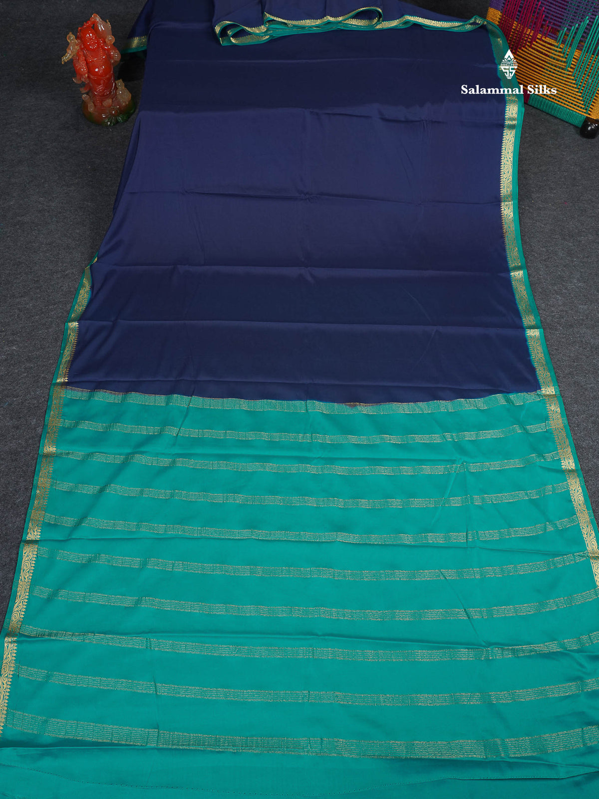 Semi Mysore Silk Saree - Navy Blue Colour Body Plain With Sapphire Green Small Border 