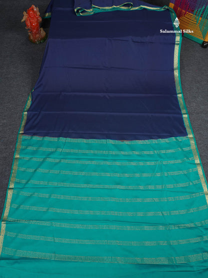 Semi Mysore Silk Saree - Navy Blue Colour Body Plain With Sapphire Green Small Border 