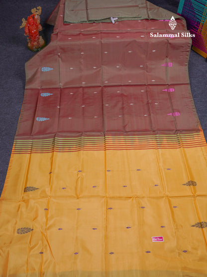 Brown Thread work Buttas Banana Pinth Saree (Vaazhainaar Pattu) With Contrast Yellow Blouse