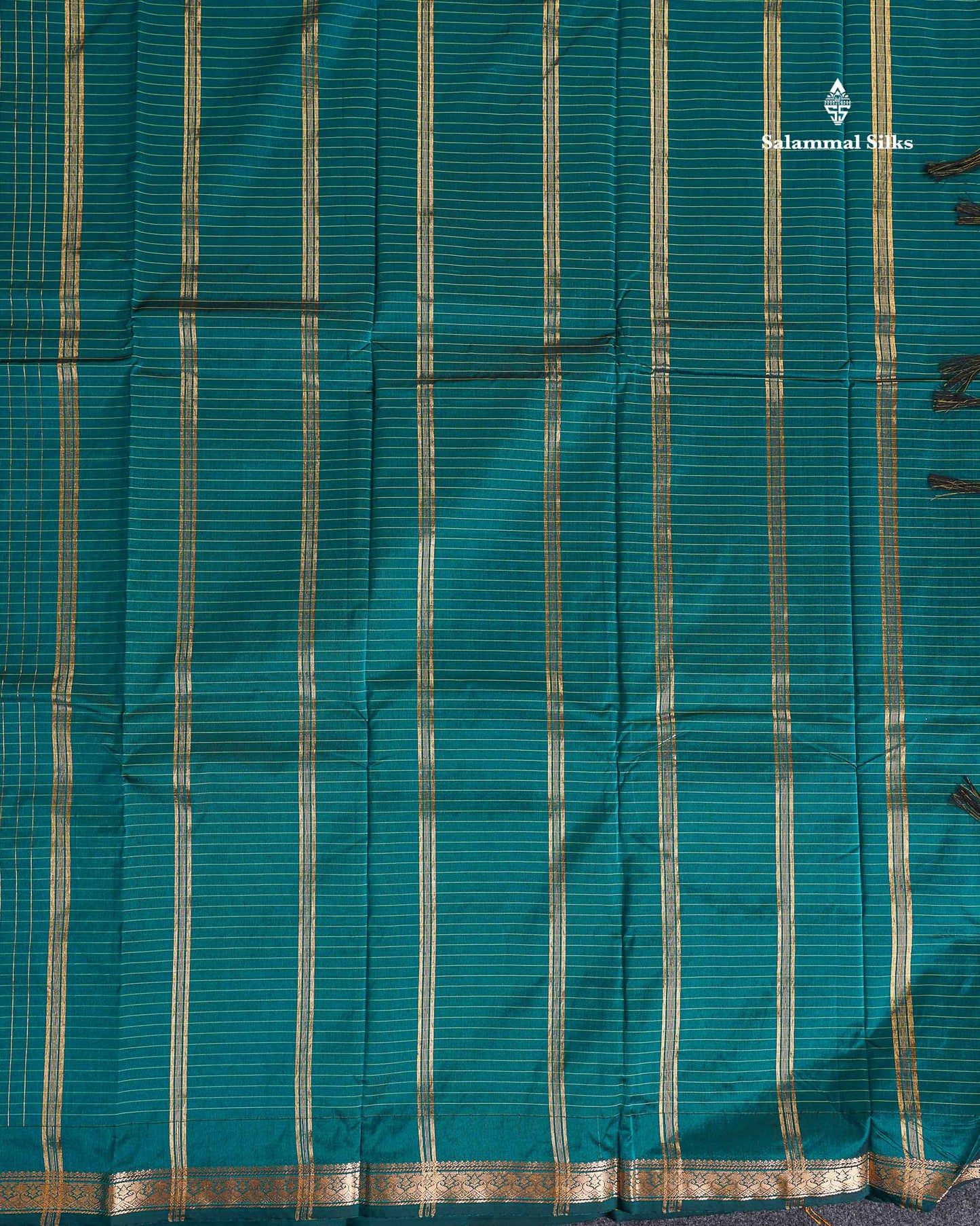 Semi Silk Saree - Peacock Blue Colour Body Zari Checks With Butta & Traditional Small Border