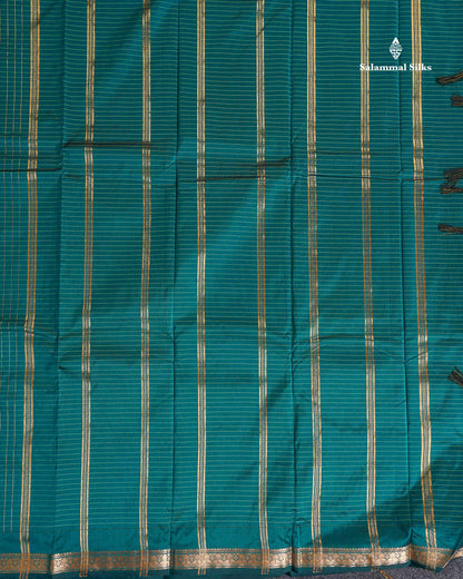 Semi Silk Saree - Peacock Blue Colour Body Zari Checks With Butta & Traditional Small Border