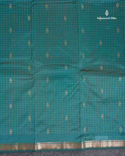 Semi Silk Saree - Peacock Blue Colour Body Zari Checks With Butta & Traditional Small Border