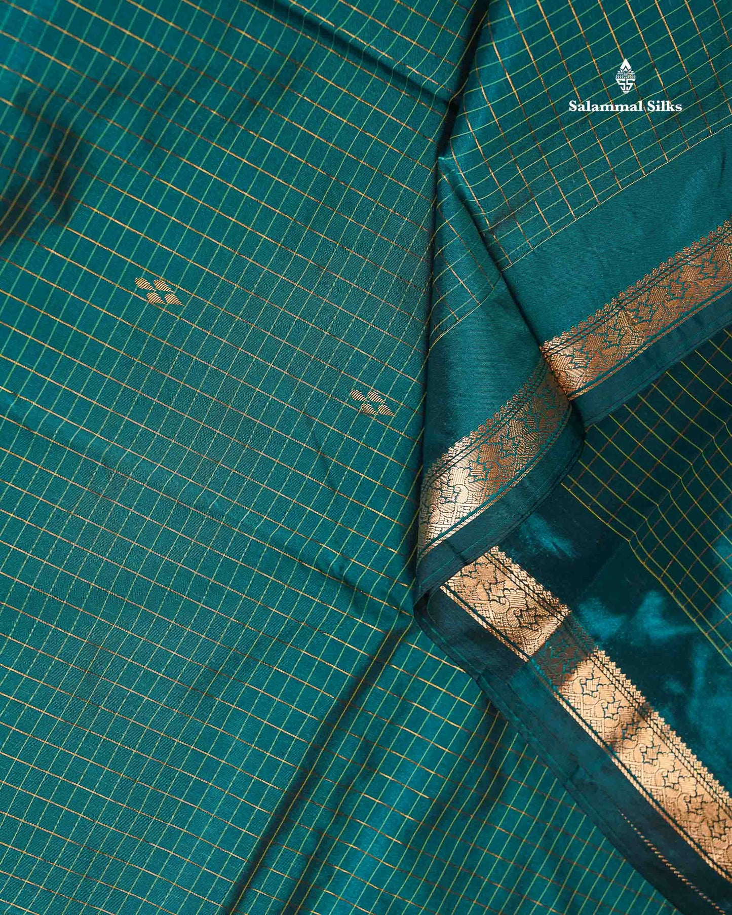 Semi Silk Saree - Peacock Blue Colour Body Zari Checks With Butta & Traditional Small Border