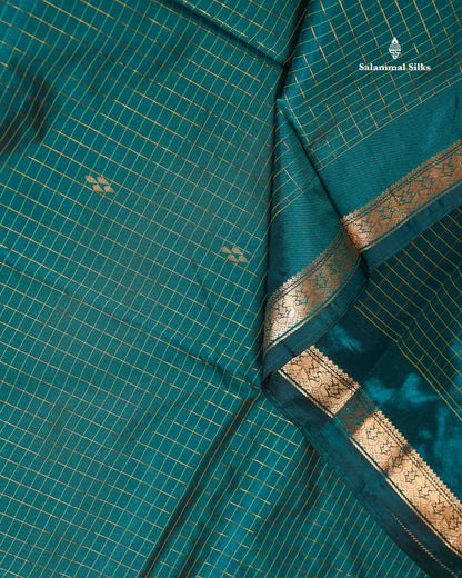 Semi Silk Saree - Peacock Blue Colour Body Zari Checks With Butta & Traditional Small Border