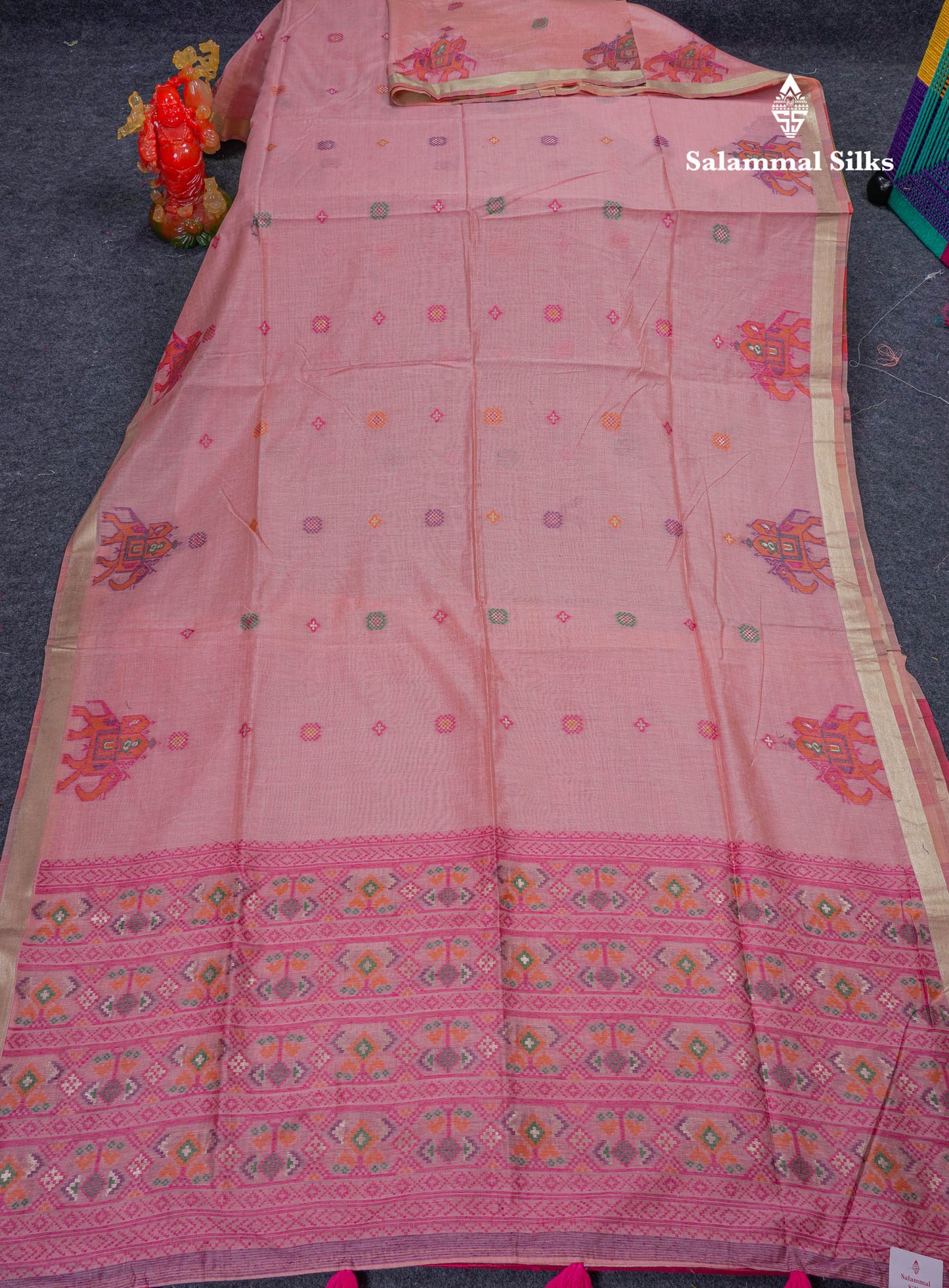 Beautiful Lavender Menakari Work Muga Cotton Saree With Contrast Magenta Blouse