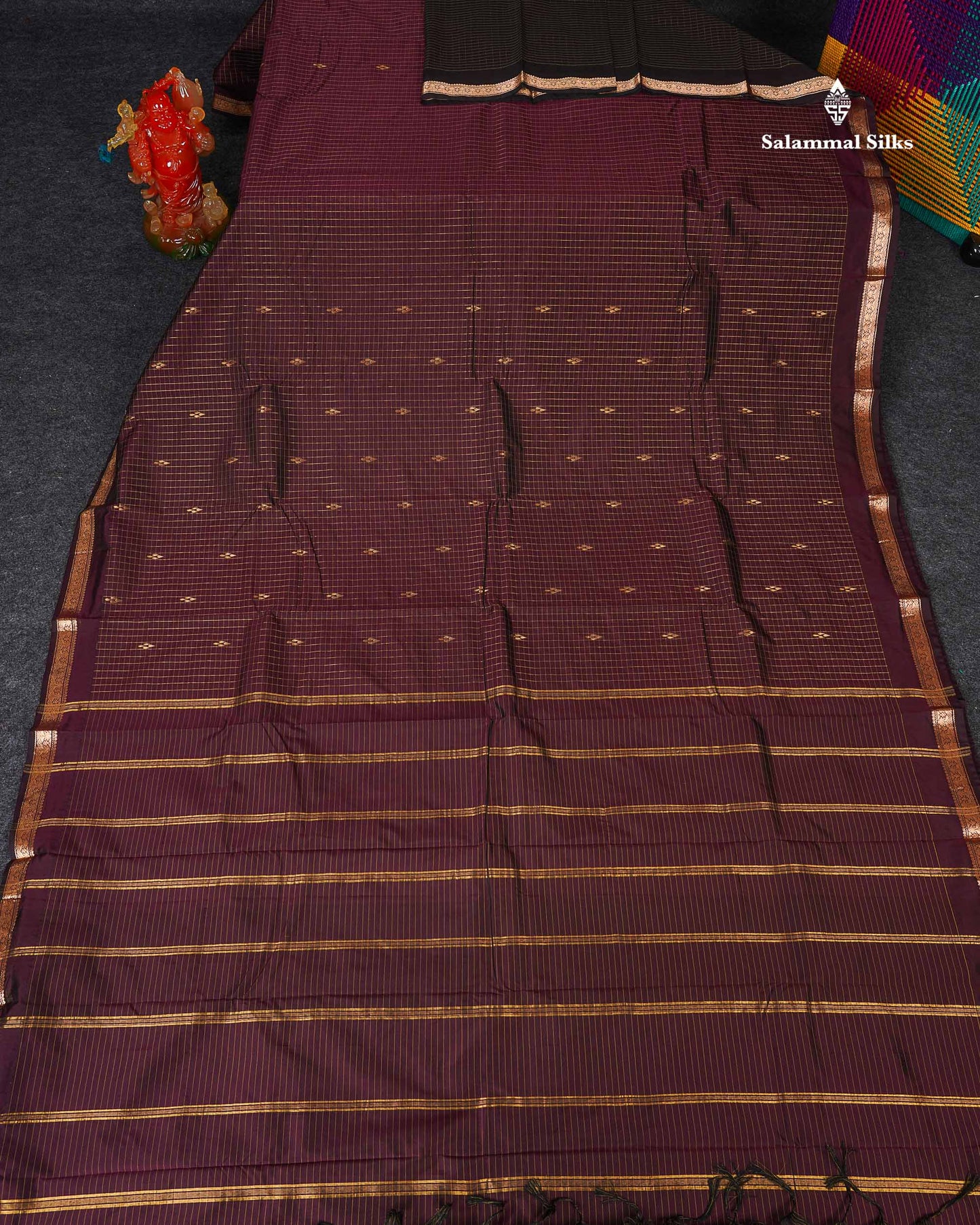 Semi Silk Saree - Dark Magenta Colour Body Zari Checks With Butta & Traditional Small Border