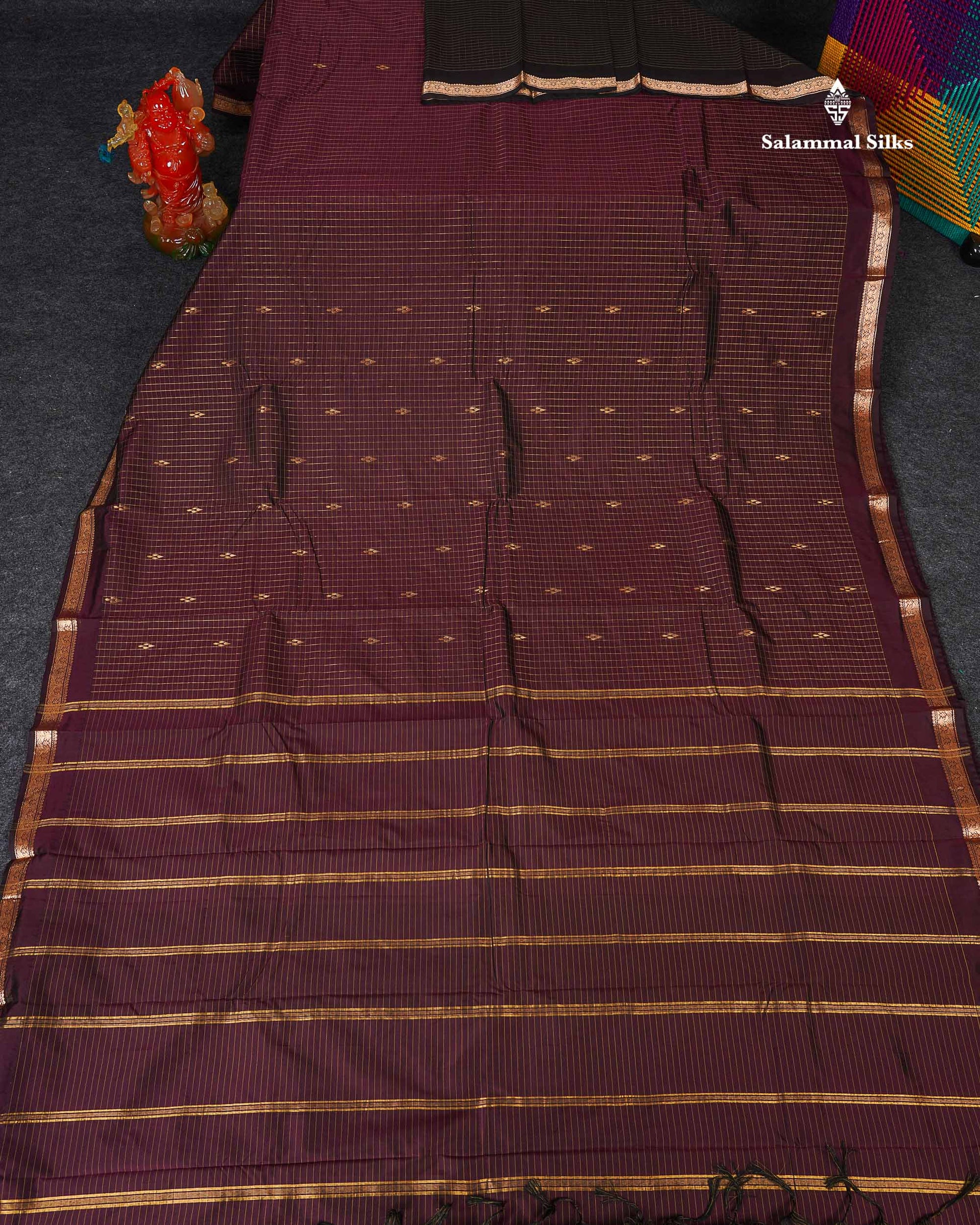 Semi Silk Saree - Dark Magenta Colour Body Zari Checks With Butta & Traditional Small Border