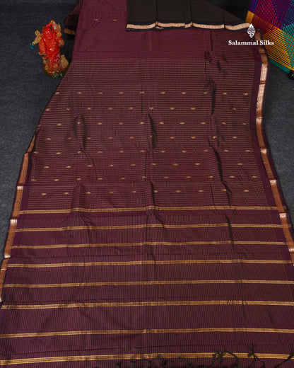 Semi Silk Saree - Dark Magenta Colour Body Zari Checks With Butta & Traditional Small Border