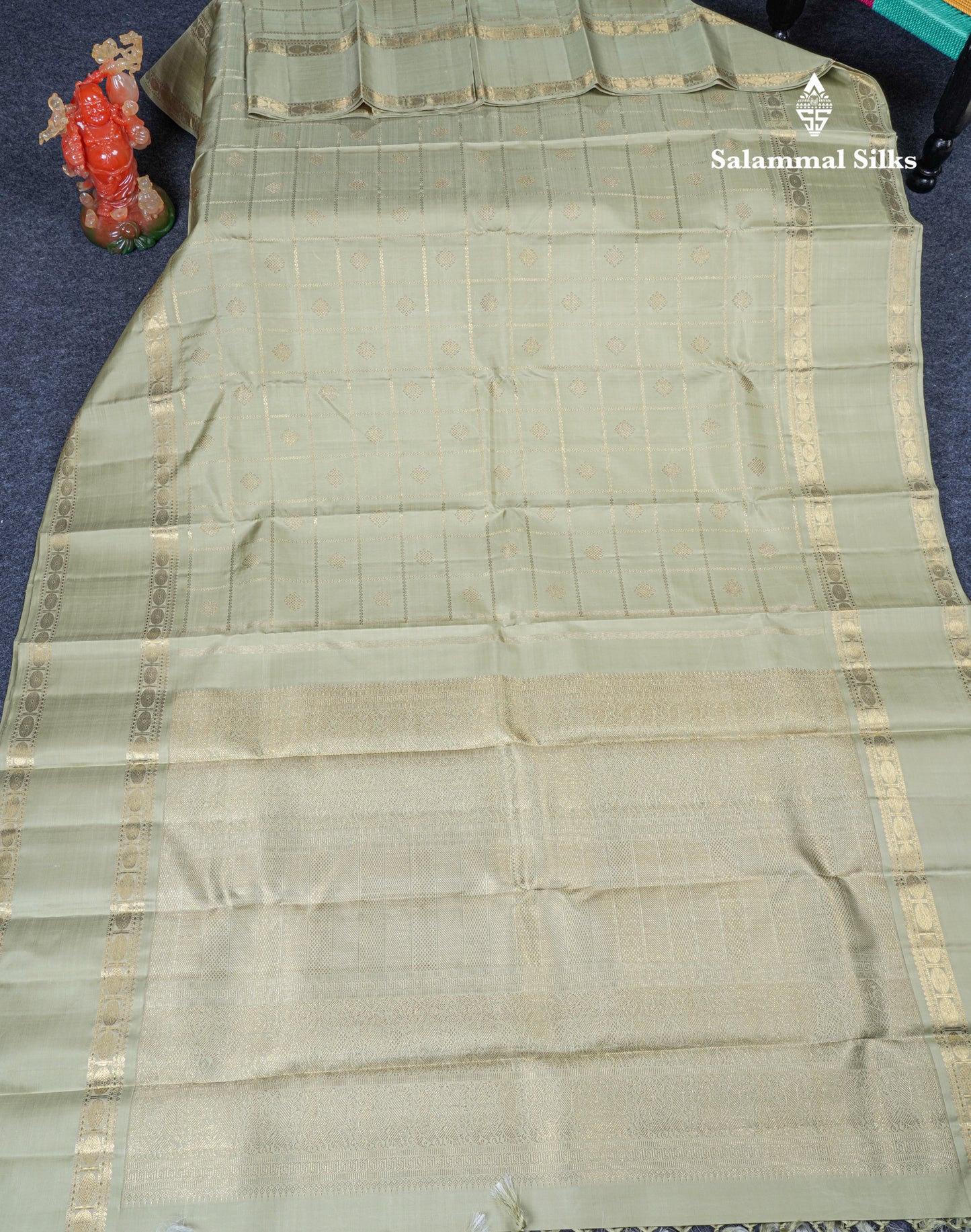 Elaichi Green Traditional Kattam Butta Pure Kanjivaram Silk Saree Pure Zari with Beautiful Double Border