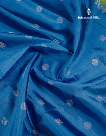 Beautiful Blue Pure Kanjivaram Soft Silk Saree With Contrast Green Blouse
