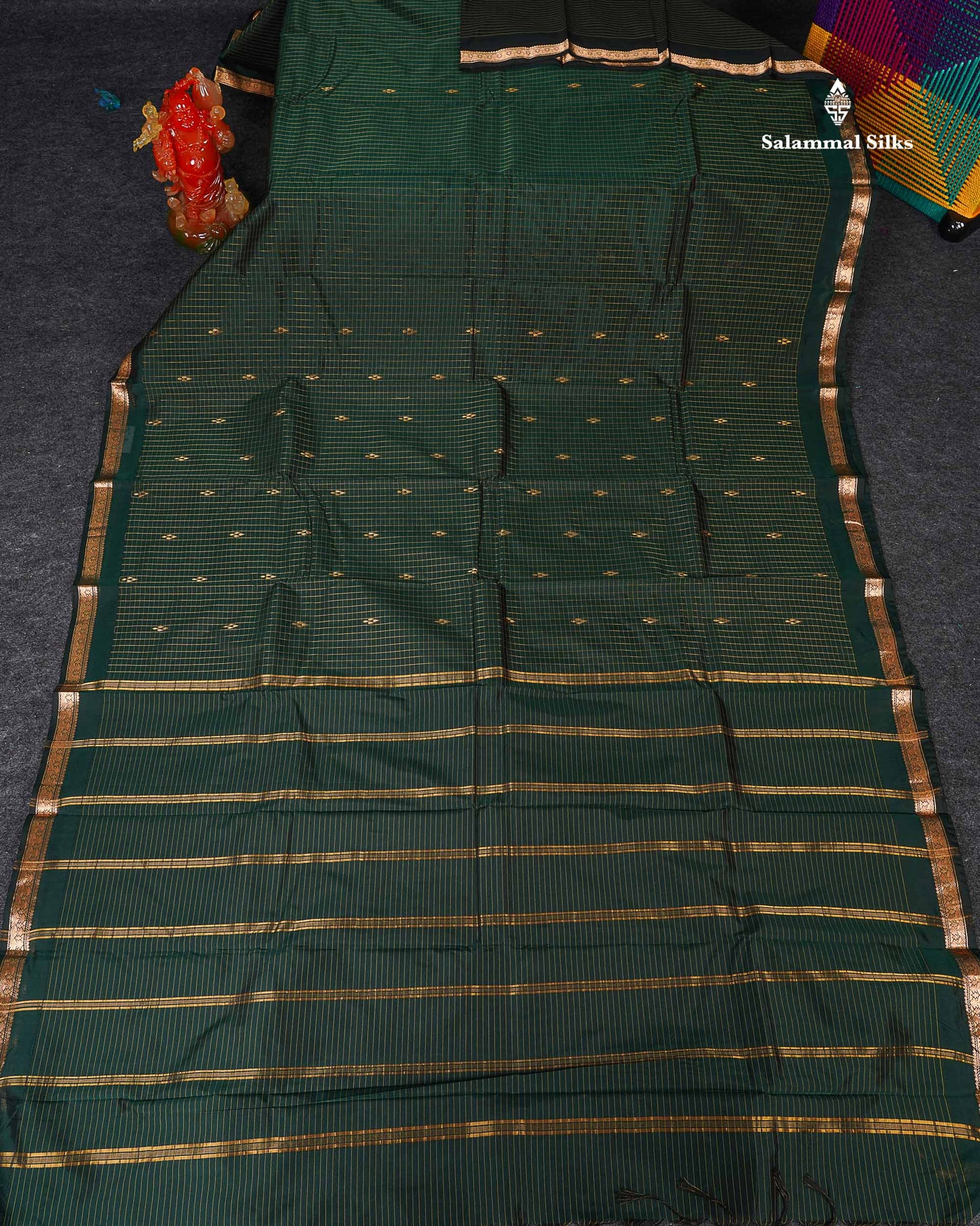 Semi Silk Saree - Bottle Green Colour Body Zari Checks With Butta & Traditional Small Border