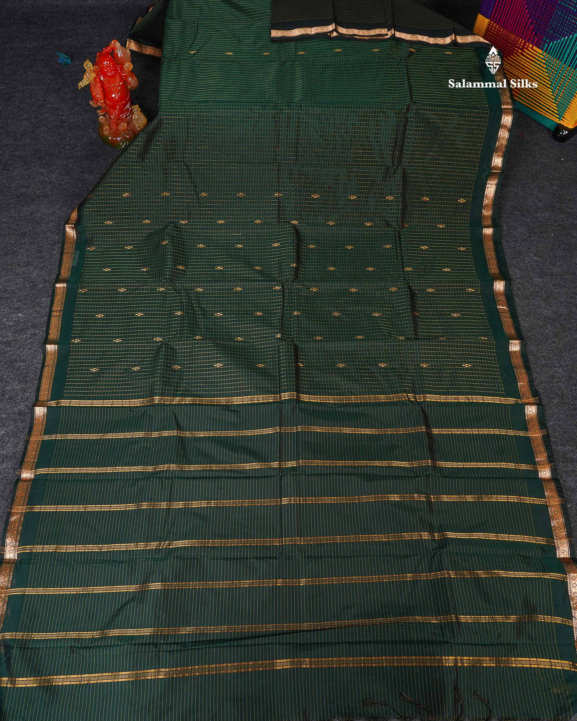 Semi Silk Saree - Bottle Green Colour Body Zari Checks With Butta & Traditional Small Border