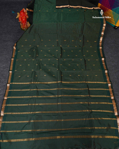 Semi Silk Saree - Bottle Green Colour Body Zari Checks With Butta & Traditional Small Border