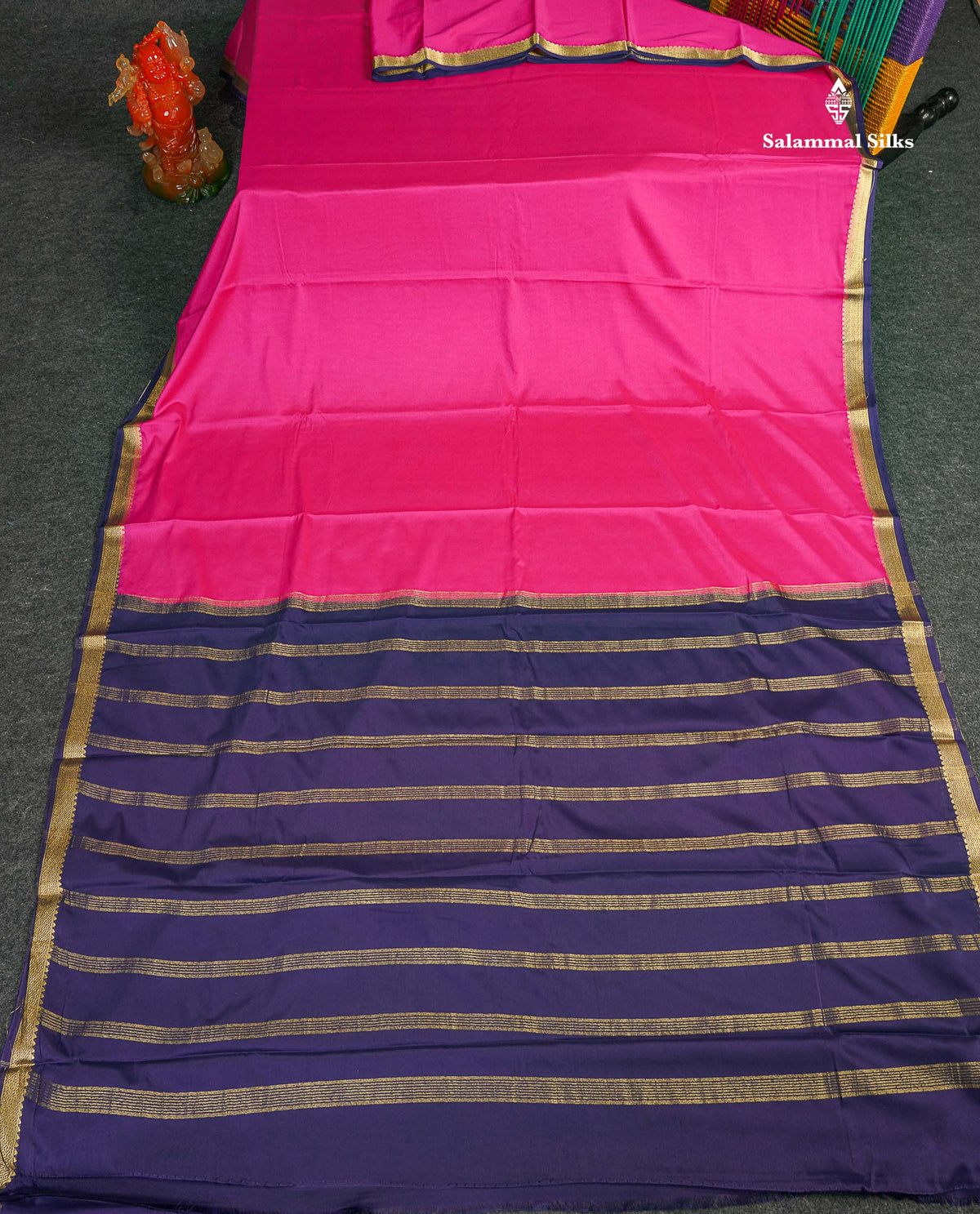 Semi Mysore Silk Saree - Pink Colour Body Plain With Dual Tone Navy Blue Small Border