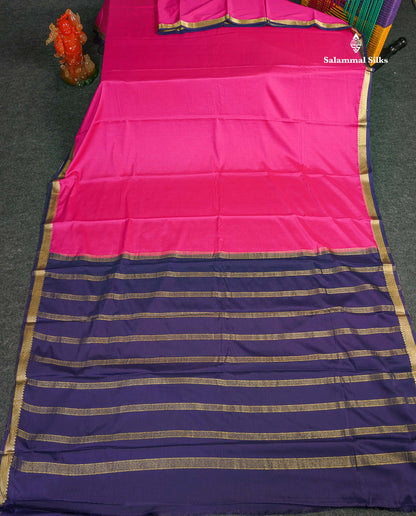 Semi Mysore Silk Saree - Pink Colour Body Plain With Dual Tone Navy Blue Small Border