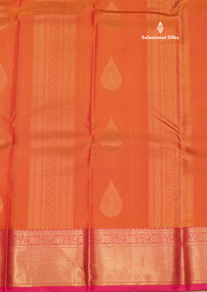 Peach Orange Colour Pure Kanjivaram Silk Saree With Pink Border
