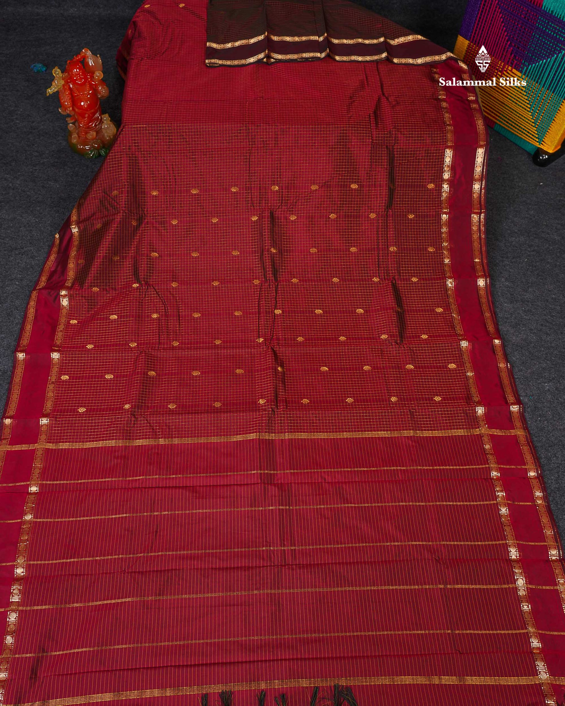 Semi Silk Saree - Maroon Colour Body Zari Checks With Butta & Traditional Rettapet Border