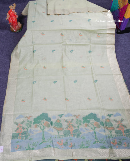 Beautiful Pastel Blue Thread Work Butta Muga Cotton Saree With Contrast Grey Blouse