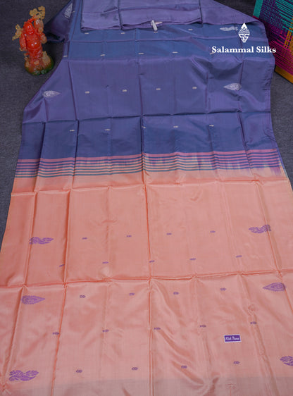 Navy Blue Thread work Buttas Banana Pinth Saree (Vaazhainaar Pattu) With Contrast Light Peach Blouse