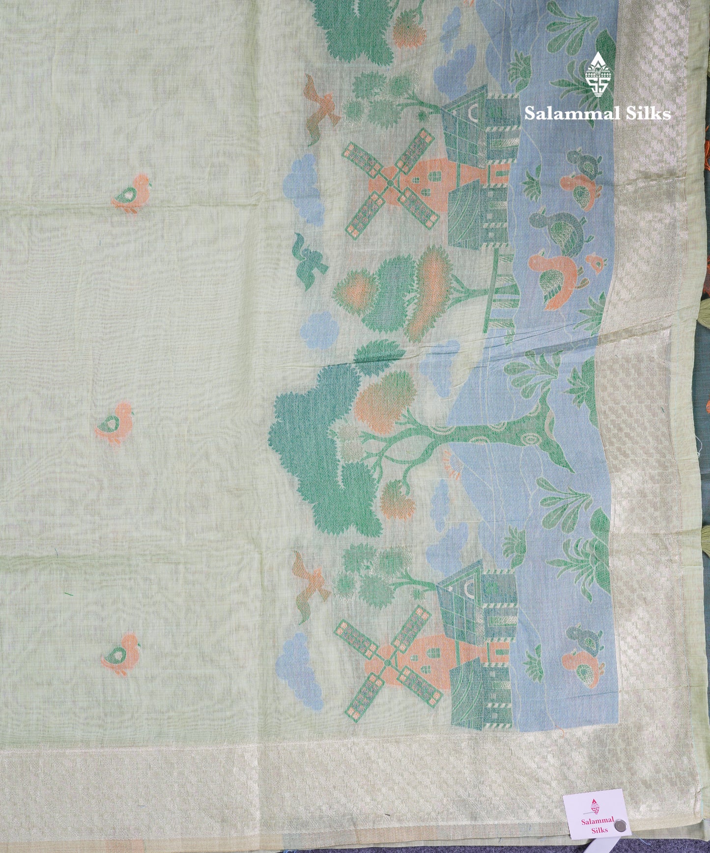 Beautiful Pastel Blue Thread Work Butta Muga Cotton Saree With Contrast Grey Blouse