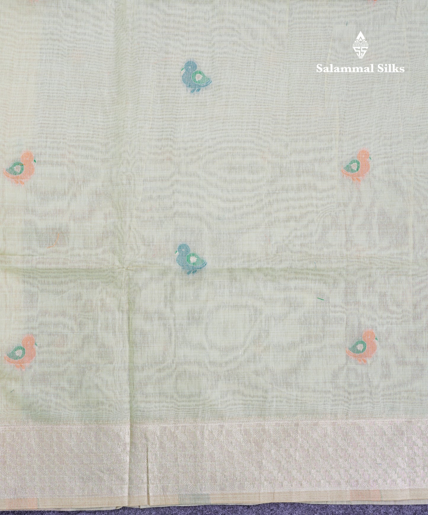 Beautiful Pastel Blue Thread Work Butta Muga Cotton Saree With Contrast Grey Blouse
