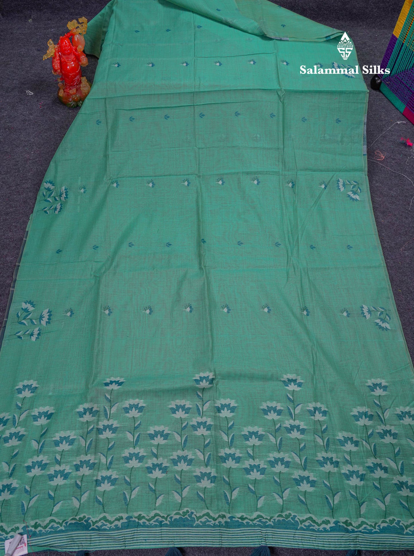 Beautiful Mustard Yellow Thread Work Butta Muga Cotton Saree With Contrast Red Blouse