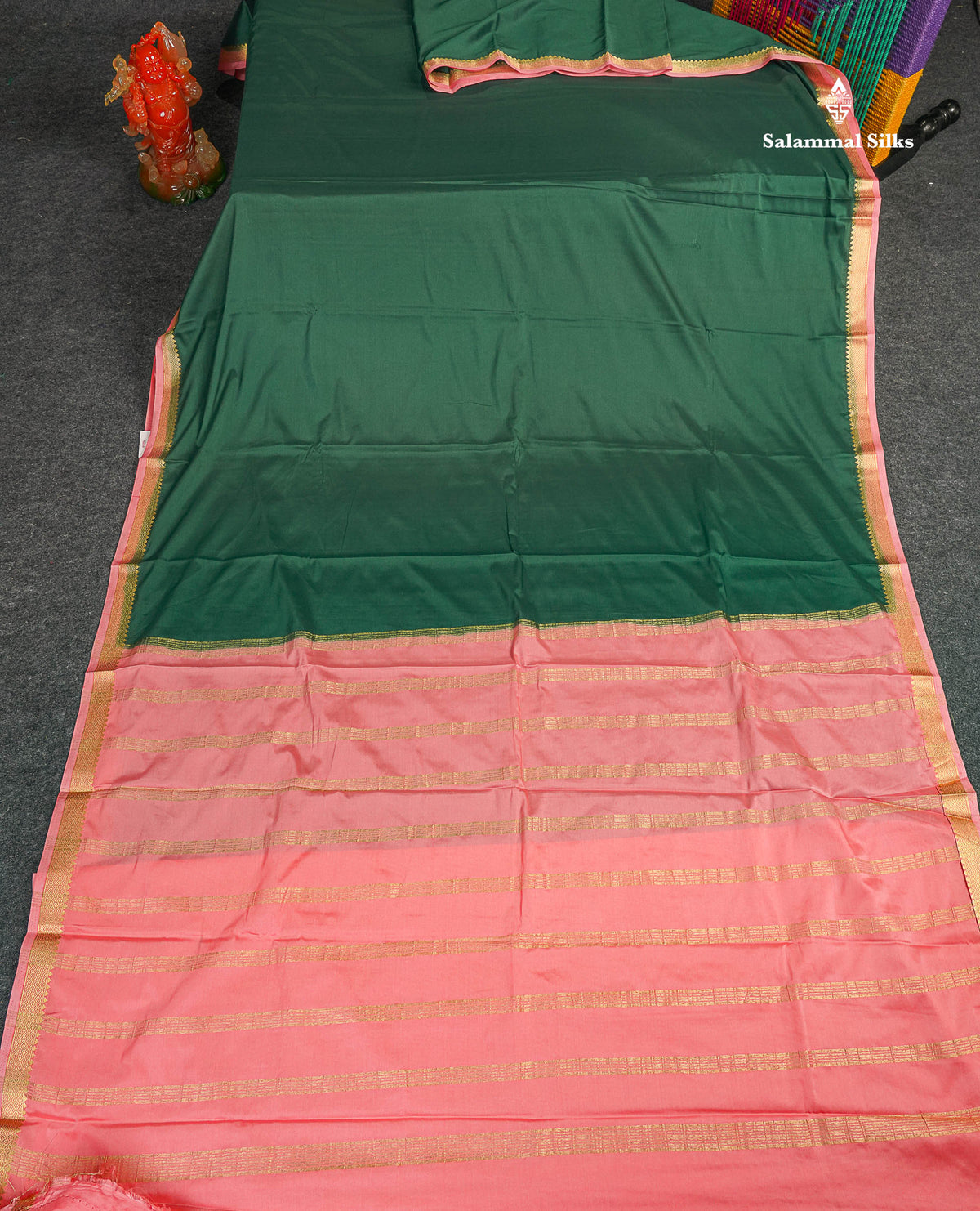 Semi Mysore Silk Saree - Bottle Green Colour Body Plain With Onion Pink Small Border